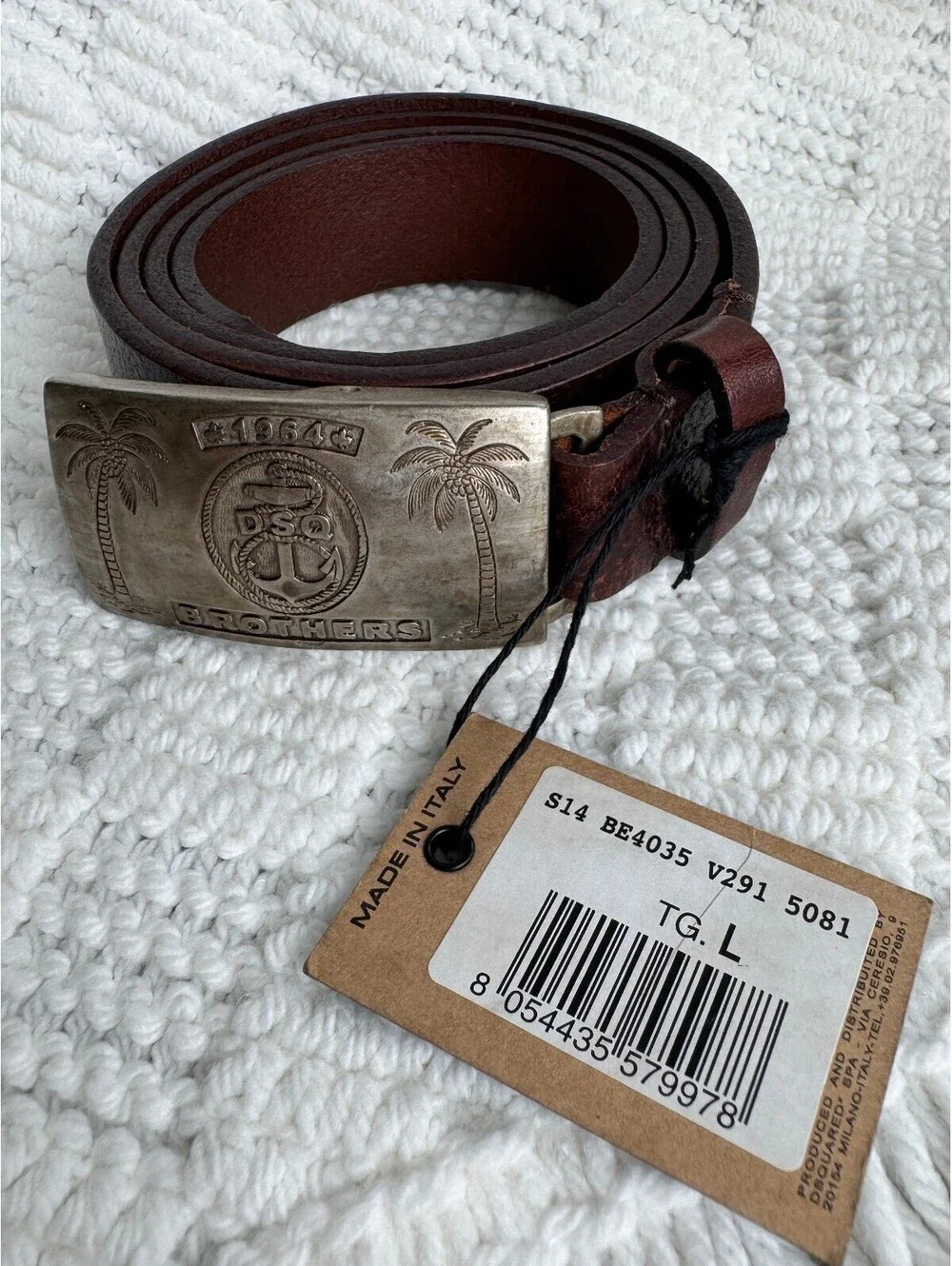 DSQUARED2 Brown Leather Belt Palm Tree Metal Buckle Size L NEW
